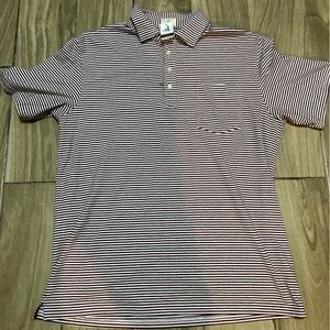 Johnnie O pocket polo, cotton, maroon stripes, men's L,  $85, four-button NWT